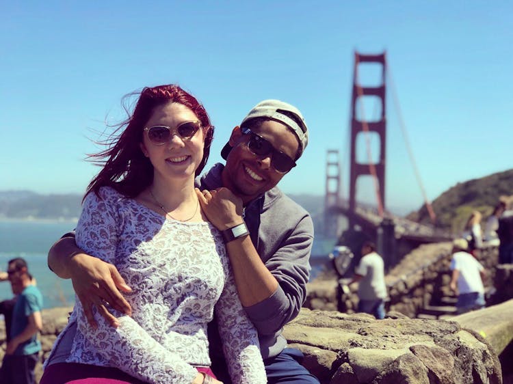 Joy and her husband Phillip by San Francisco bridge Joy and her husband Phillip by San Francisco bridge